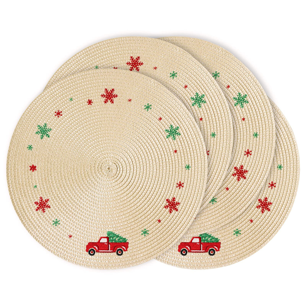 Feuille manteles navideños redondos con copos de nieve, ideales para cenas festivas.