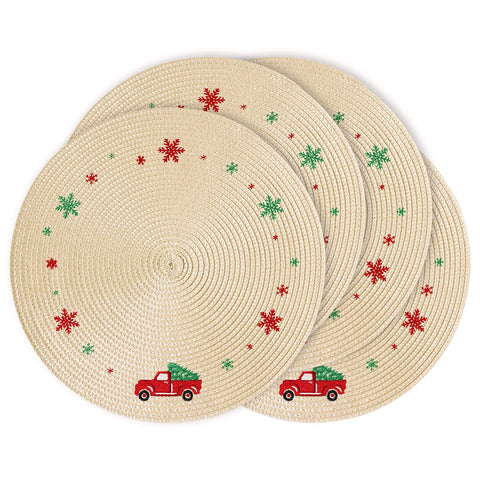 Feuille manteles navideños redondos con copos de nieve, ideales para cenas festivas.