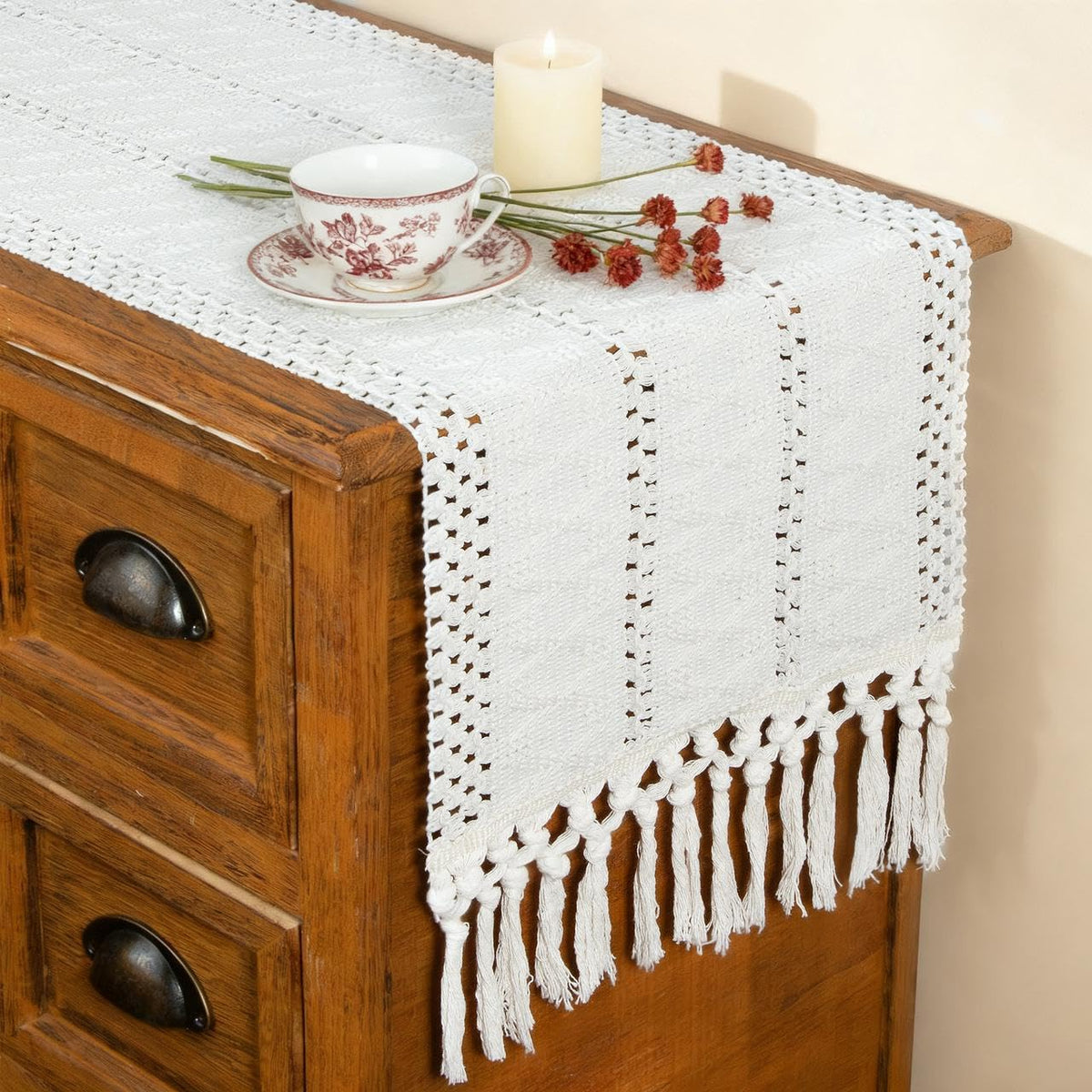 FEXIA camino de mesa bohemio crema, 60 pulgadas para comedor con estilo rústico