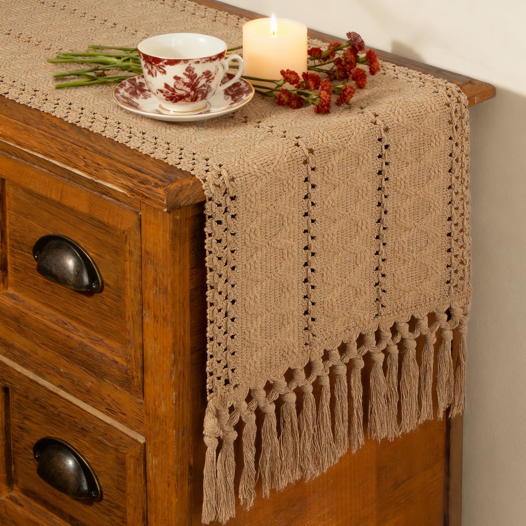 Camino de mesa FEXIA boho marrón 72 pulgadas, ideal para comedor rústico