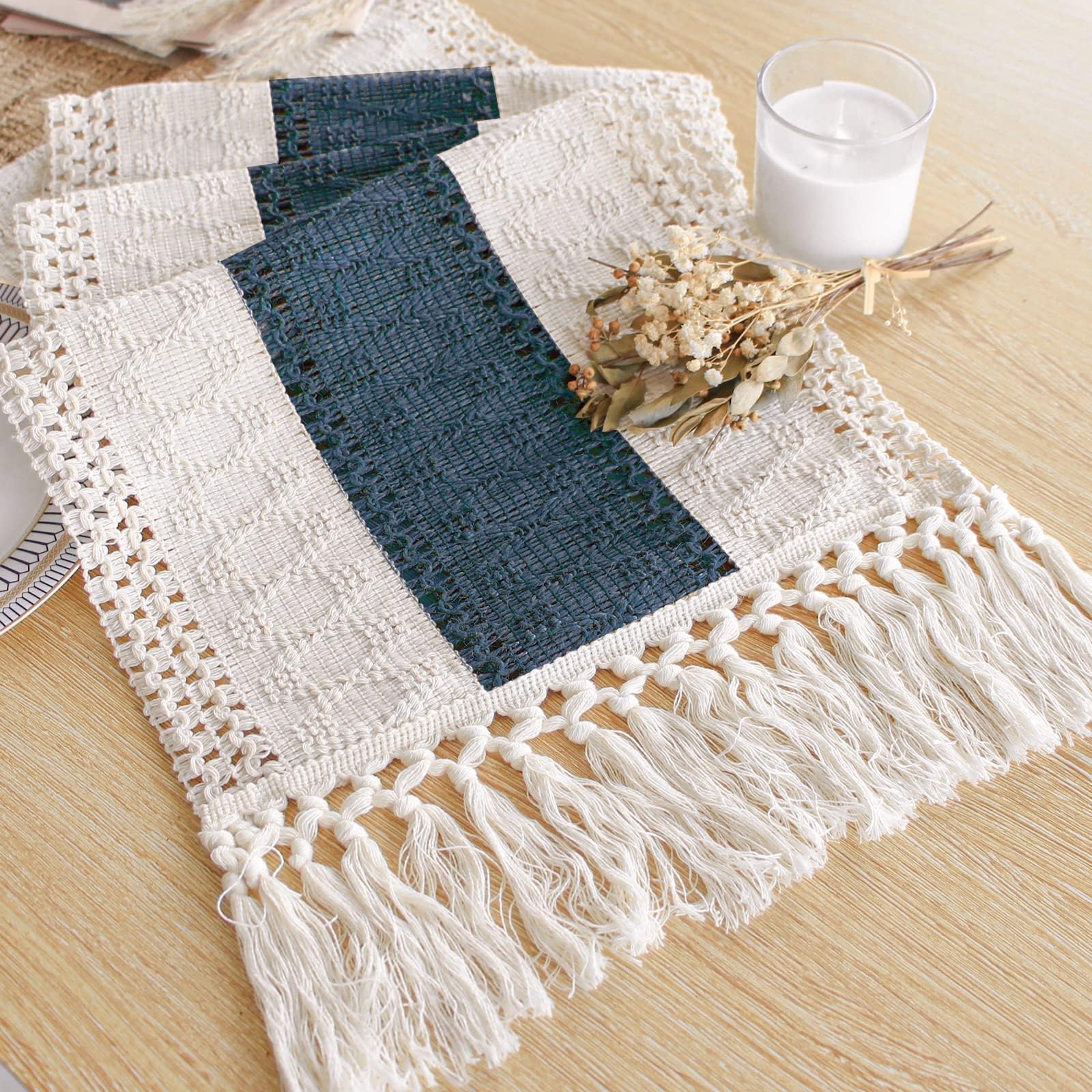 FEXIA camino de mesa macramé boho azul de 72 pulgadas para comedor elegante