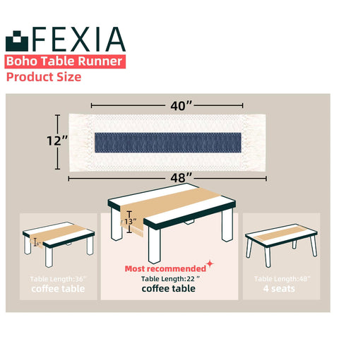 Mantel bohemio FEXIA crema-azul con flecos para cenas modernas