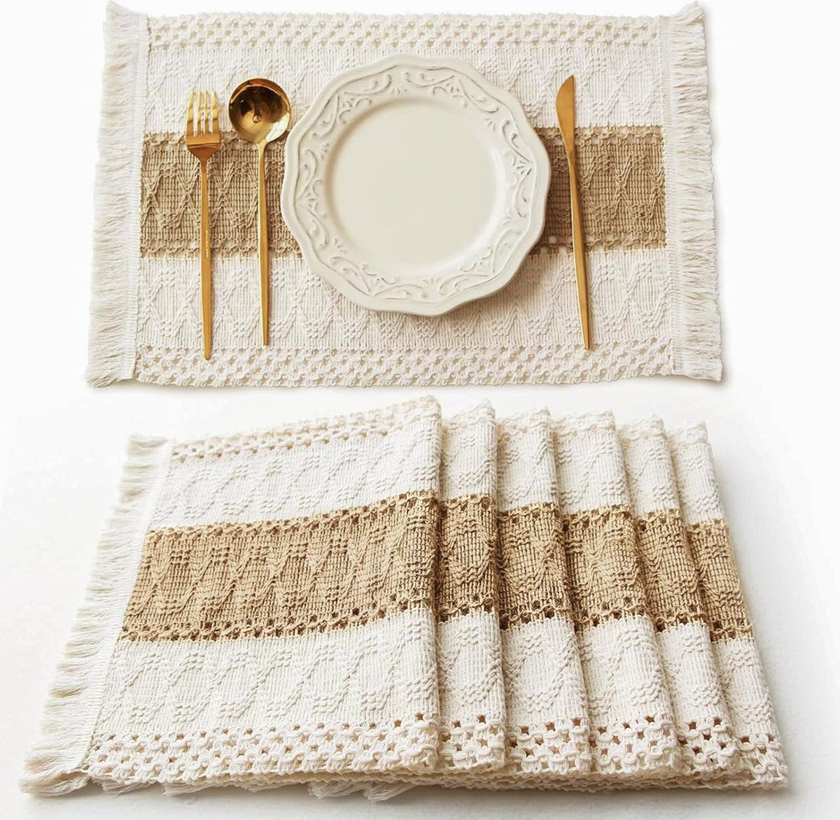 Manteles FEXIA Boho con macramé y flecos para un toque artesanal.