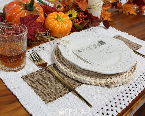 Manteles FEXIA Boho con textura de burlap para decoración rústica.