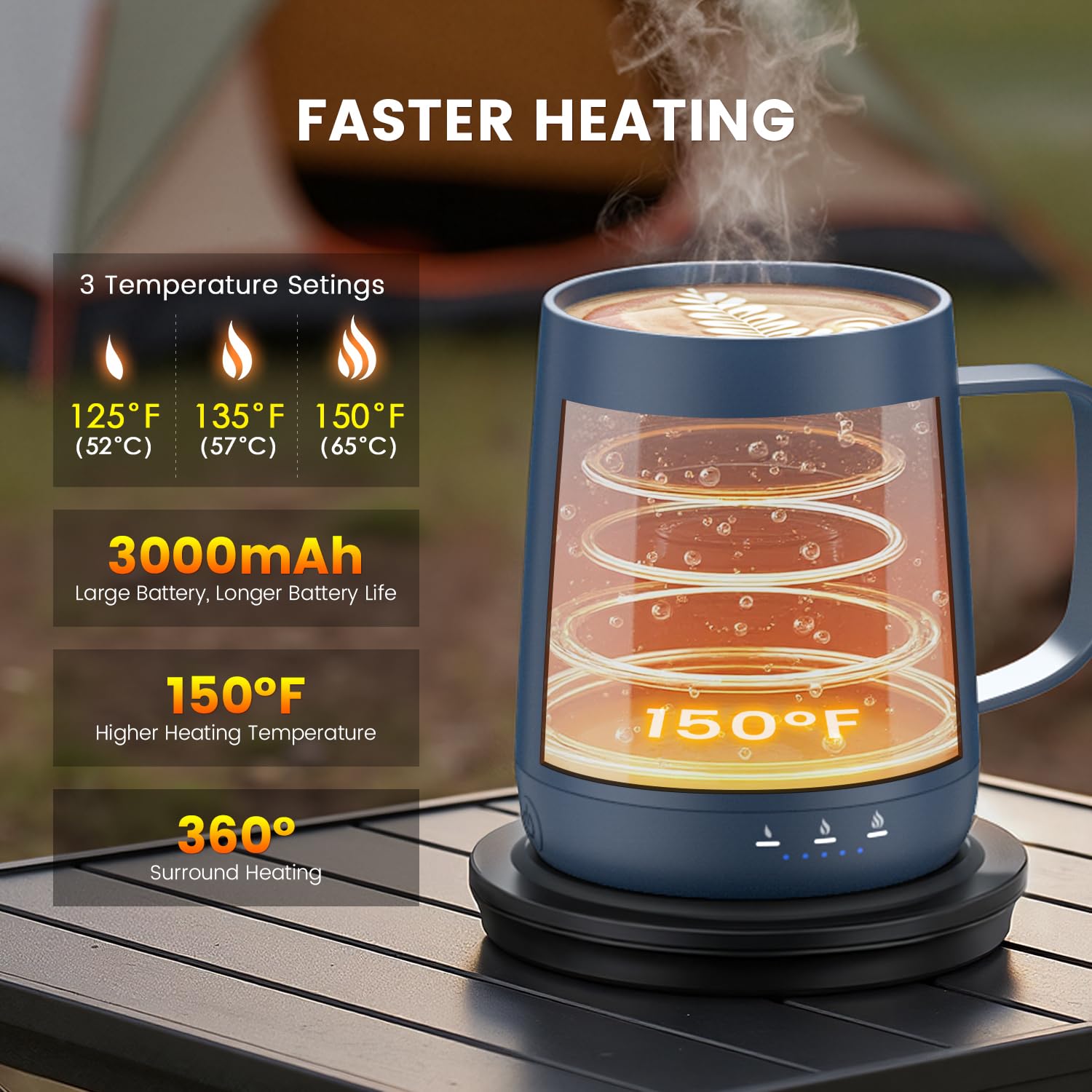 Taza inteligente Fexqic mantiene 150 °F para bebidas calientes al momento.