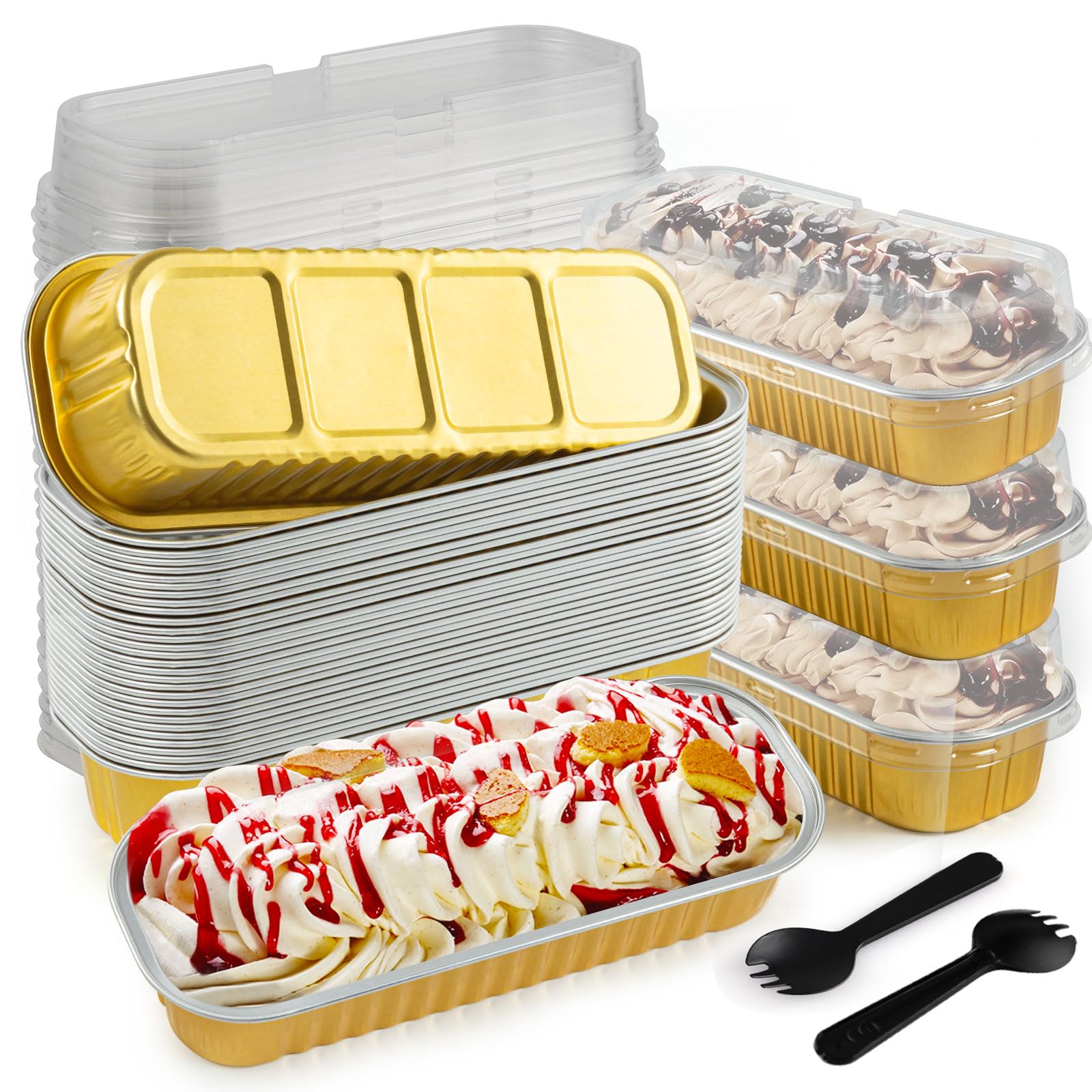 FFNIU moldes mini-pan dorados con tapas, listos para hornear y porciones.