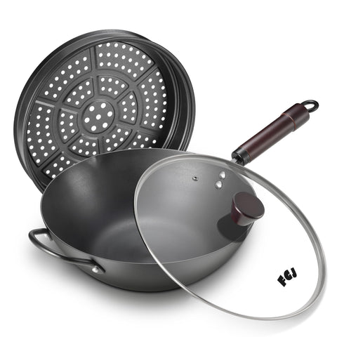 FGJ Wok de acero carbono 13 pulgadas con vapor para salteados.
