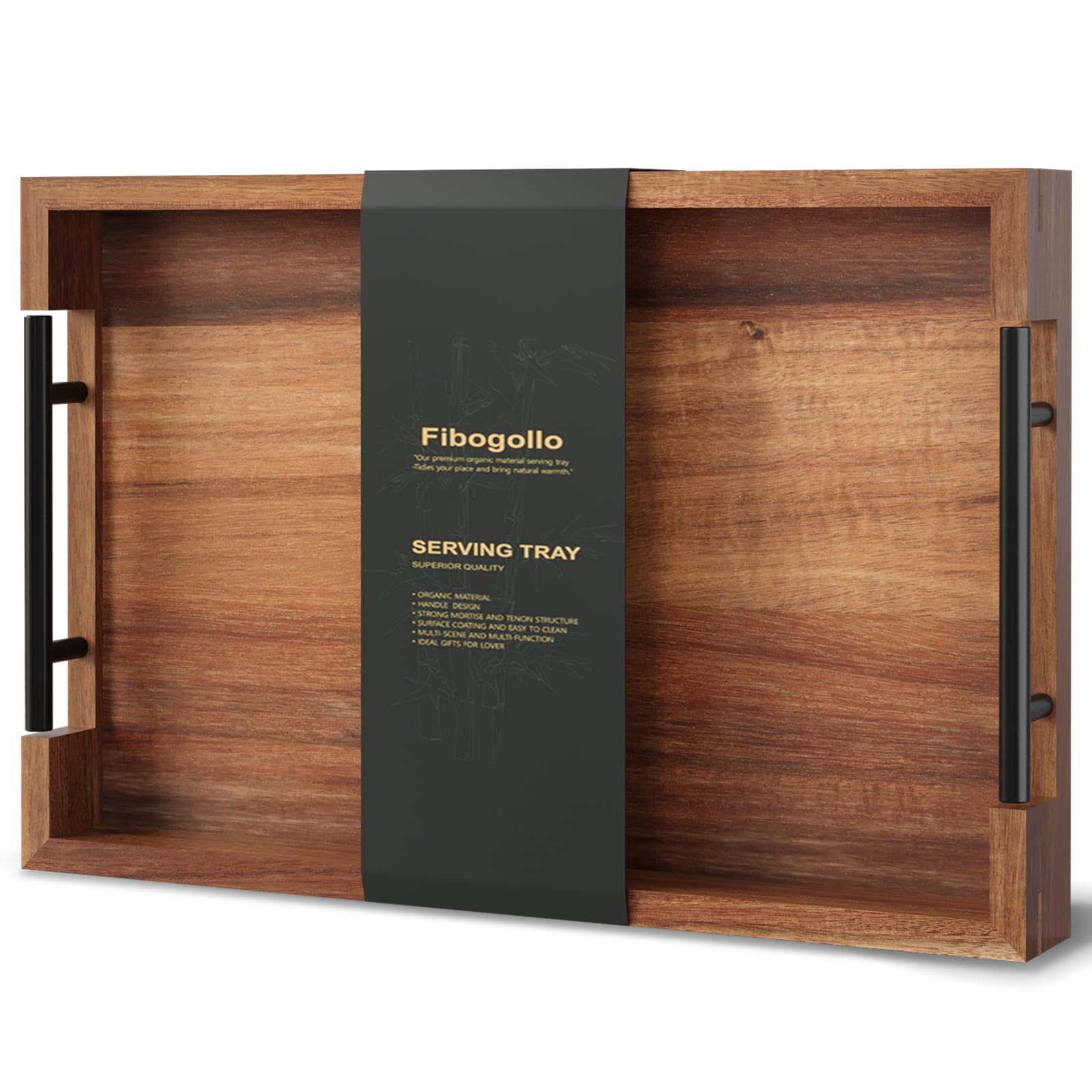 Fibogollo Bandeja de acacia con asas de metal para servir con estilo.