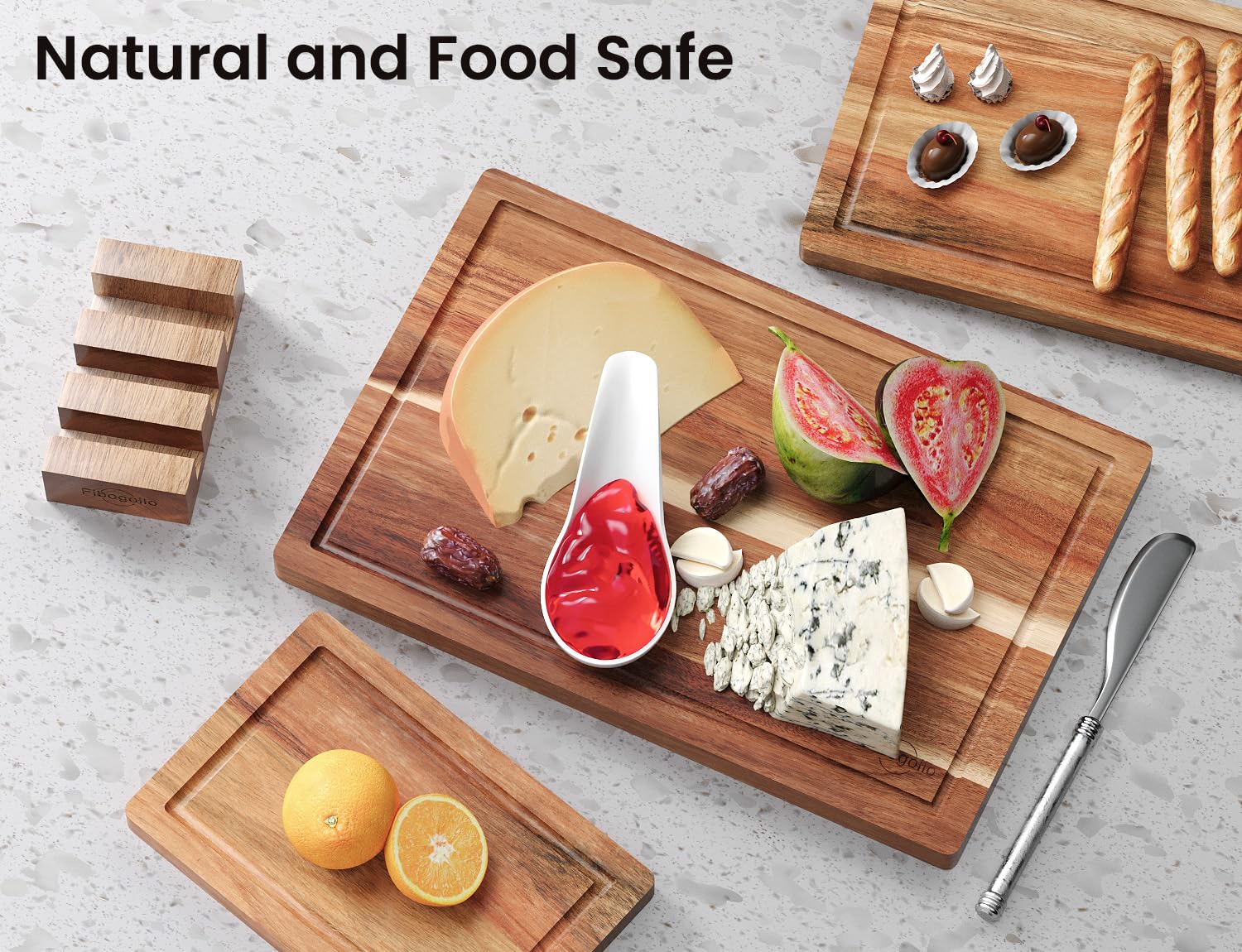 Fibogollo tablas de corte acacia mediana con ranura para jugos, ideal para frutas.