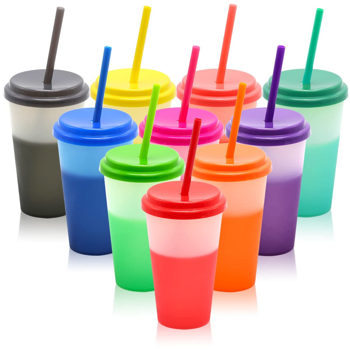 Vaso FIEKEICC de cambio de color 12oz con tapa y pajilla, ideal para bebidas frías.