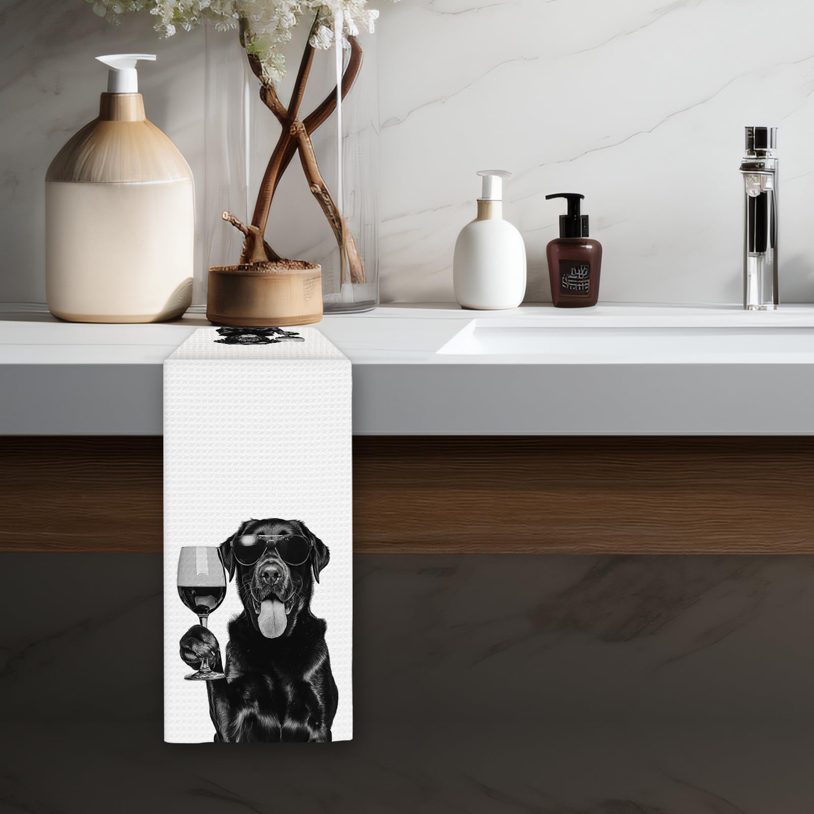Fiicy regalo para amantes del vino, toalla de cocina con Labrador negro