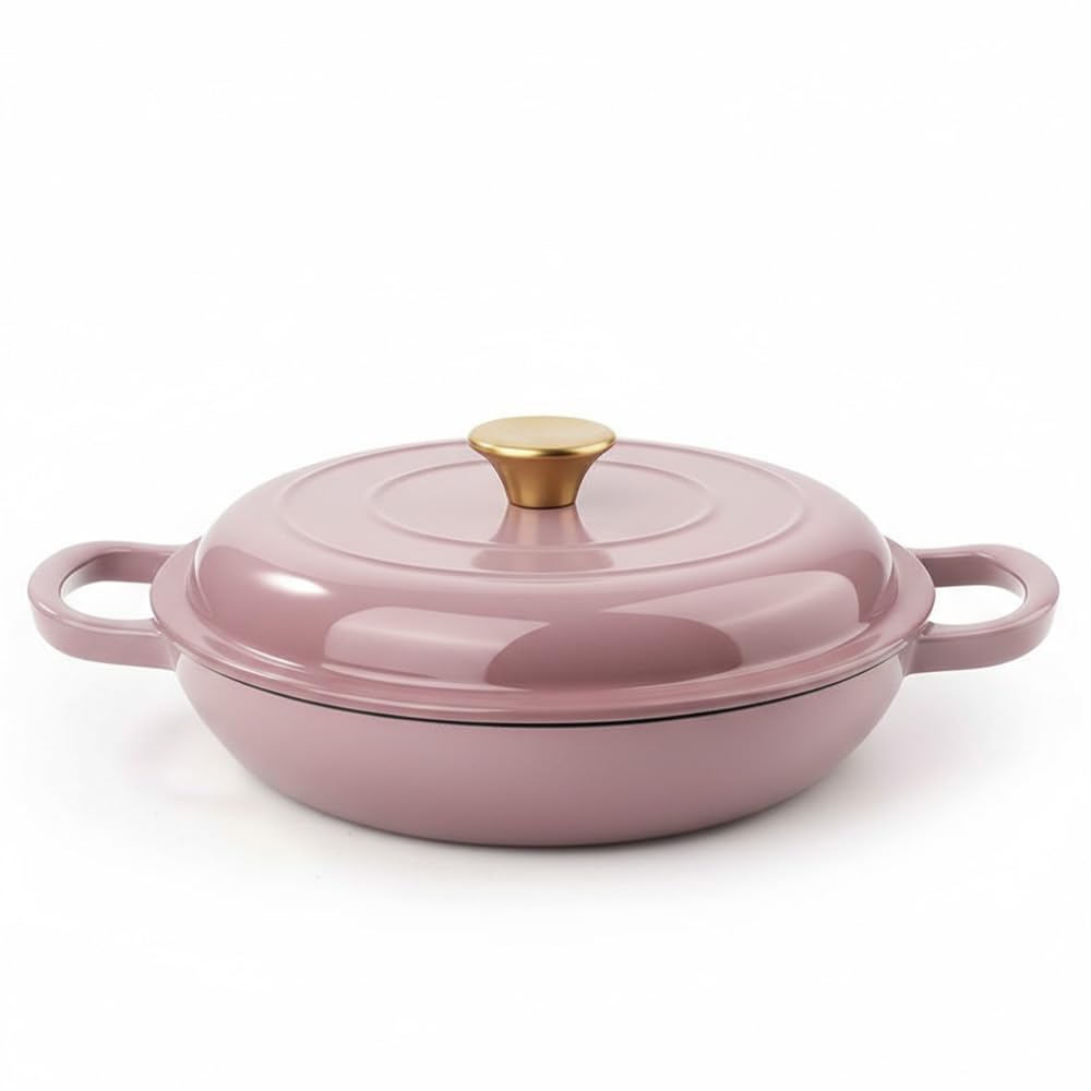 Braiser Fijinhom 3qt esmaltada rosa con tapa cerrada, cocción uniforme para platos sabrosos.