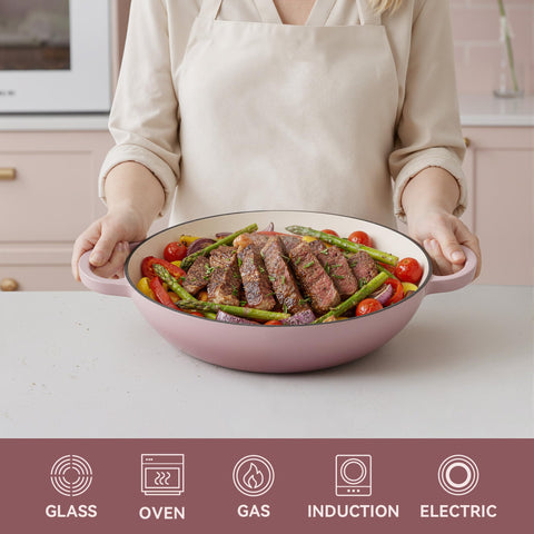 Braiser esmaltado Fijinhom rosa para estufa, cocción eficiente y limpieza más fácil.