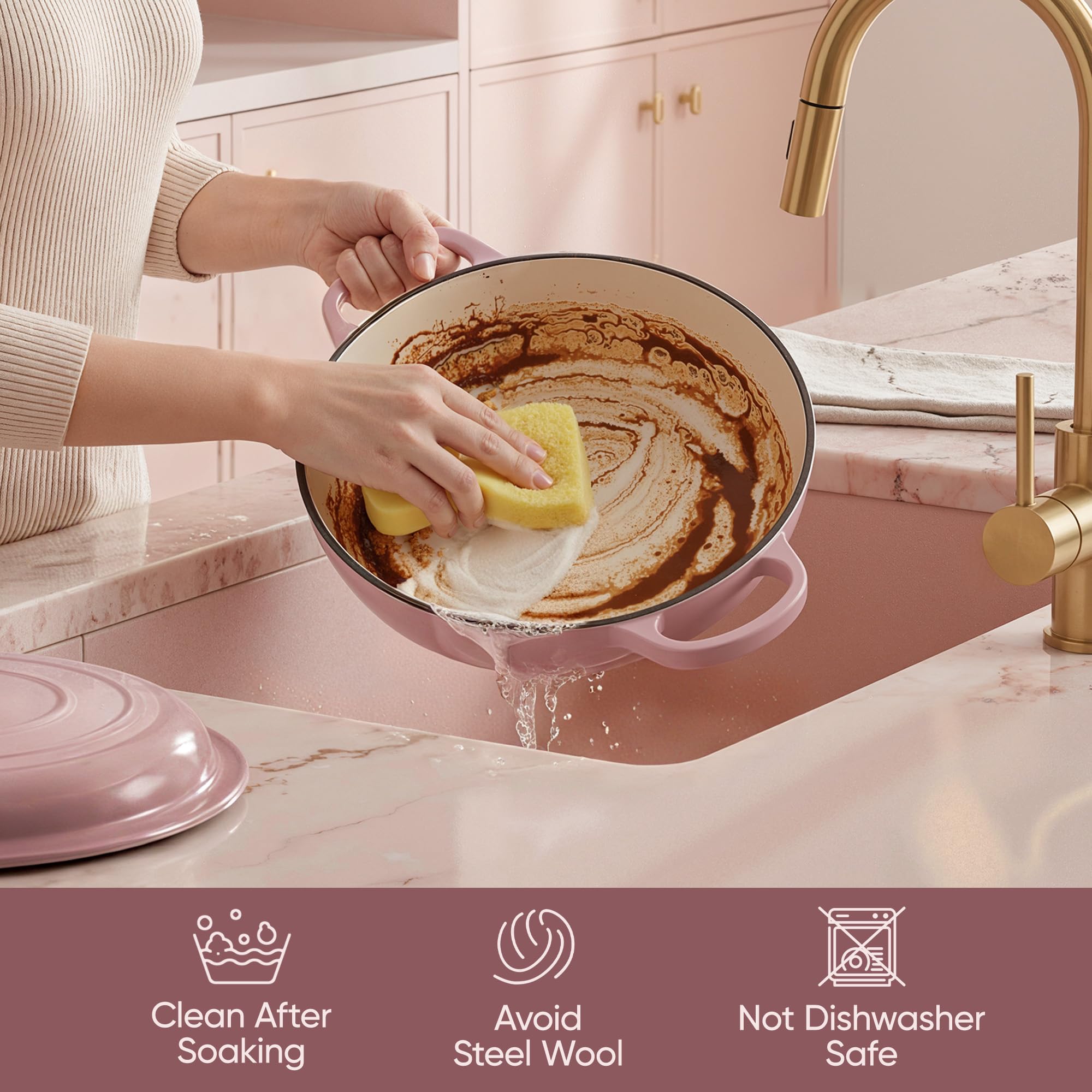Braiser interior esmaltado Fijinhom rosa, cocción homogénea y retención de calor.
