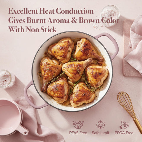 Sartén esmaltada Fijinhom rosa para horno, distribución uniforme del calor que realza sabores.