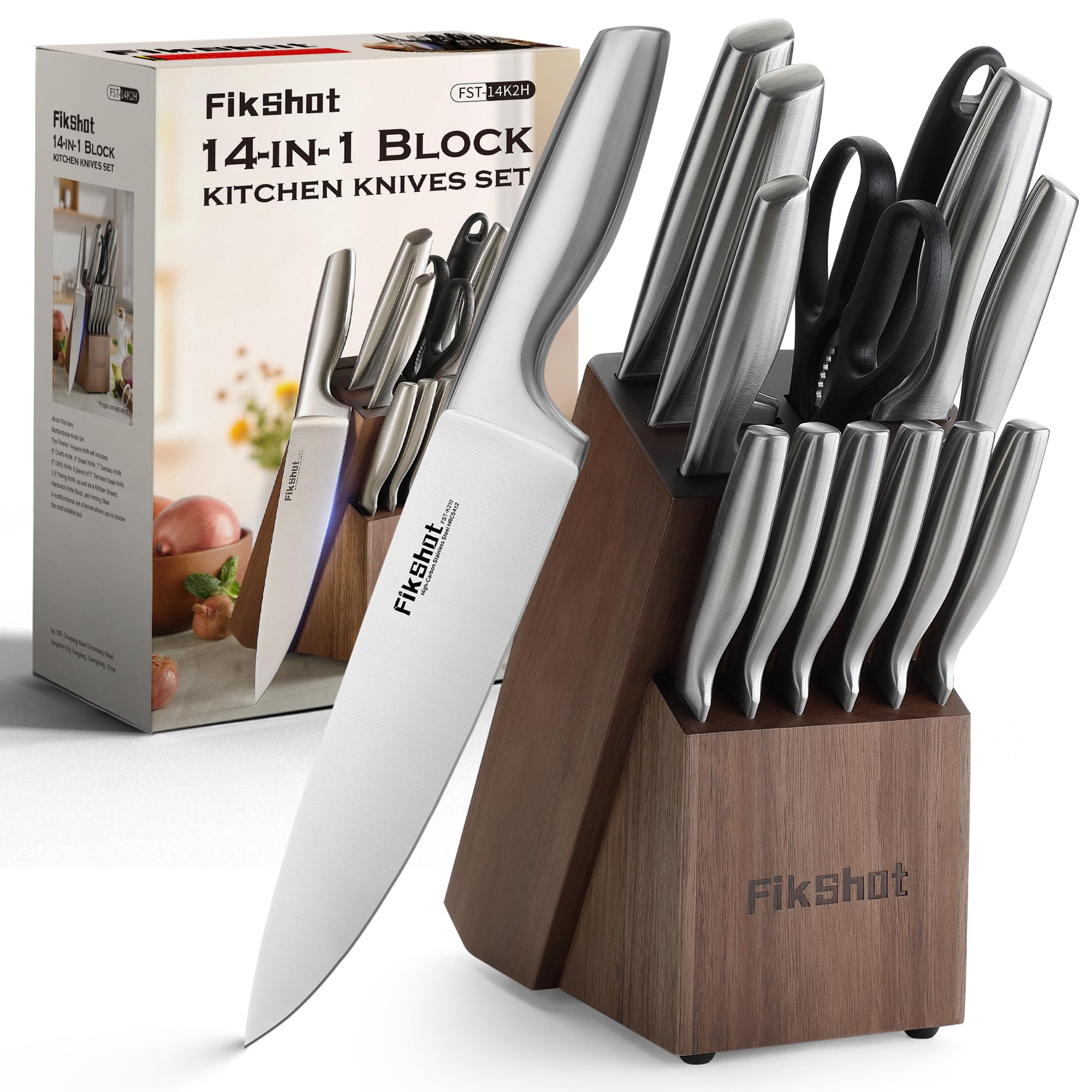FIKSHOT bloque-cuchillos plateado nogal: almacenamiento ordenado de cuchillos y acceso rápido.