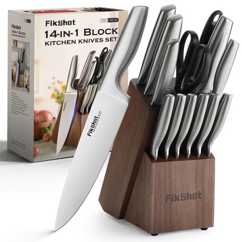 FIKSHOT bloque-cuchillos plateado nogal: almacenamiento ordenado de cuchillos y acceso rápido.