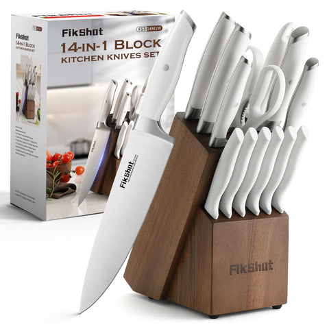 Cuchillos FikShot 14 piezas con bloque blanco para organización y elegancia en la cocina.