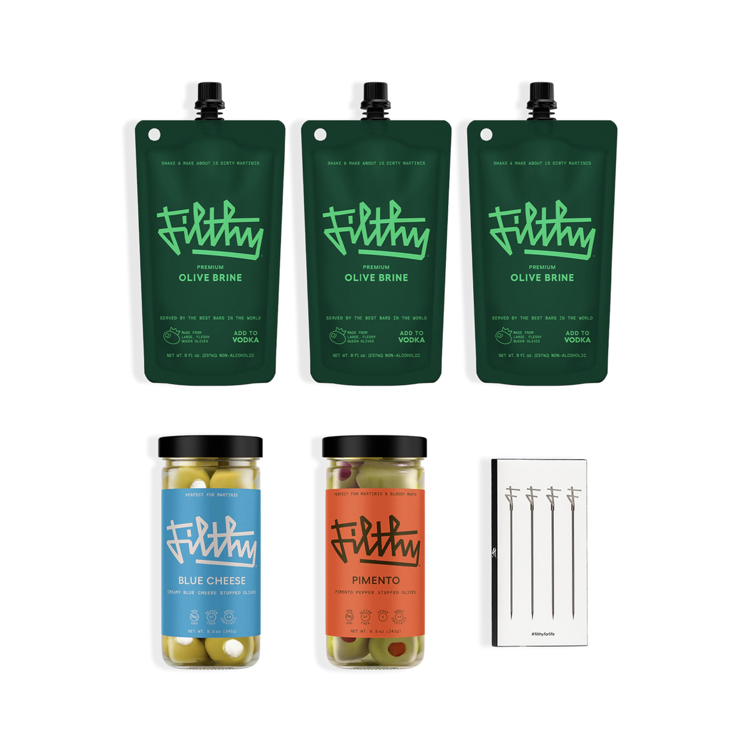 Filthy Martini Kit: olivas en salmuera para cócteles caseros sabrosos.