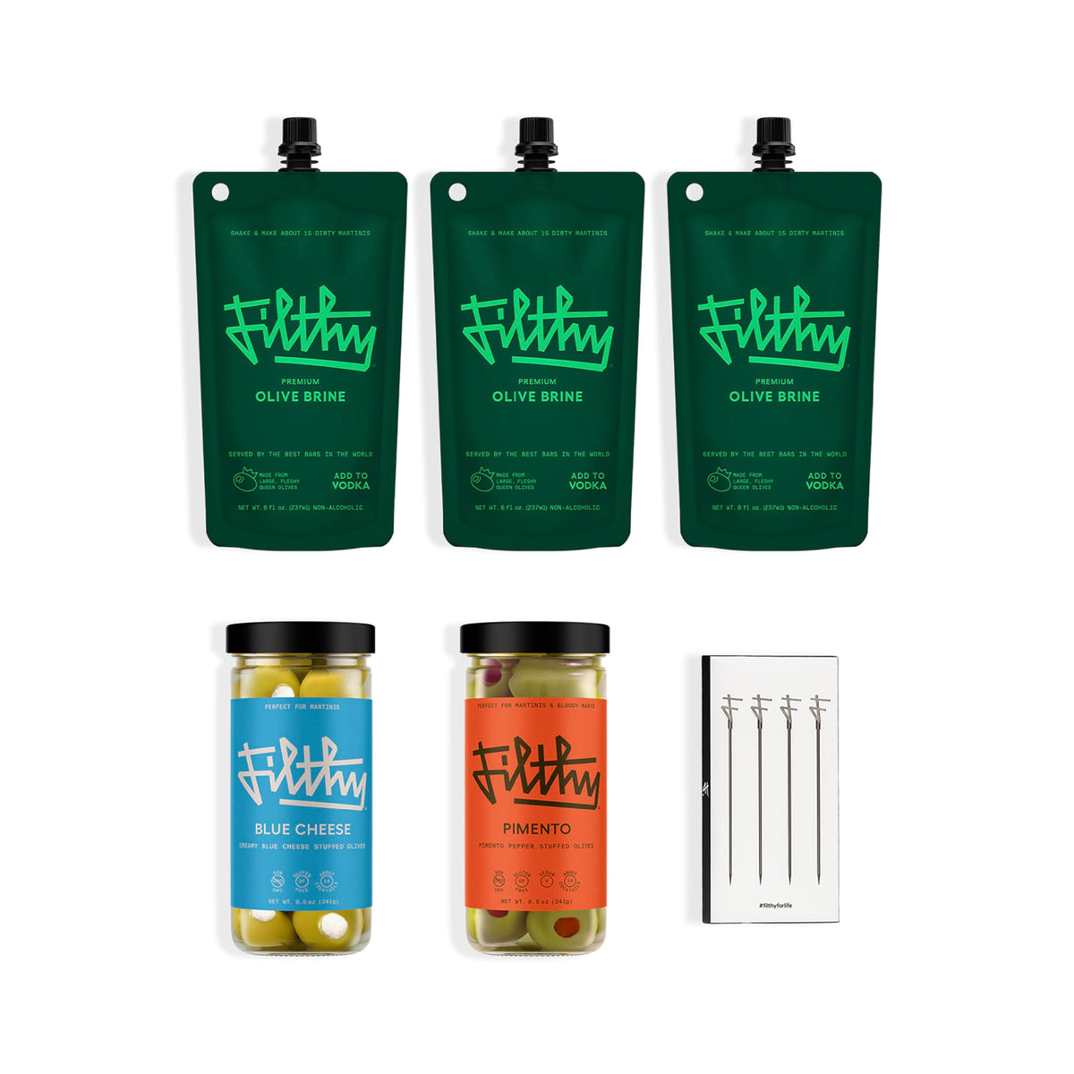 Filthy Martini Kit: olivas en salmuera para cócteles caseros sabrosos.