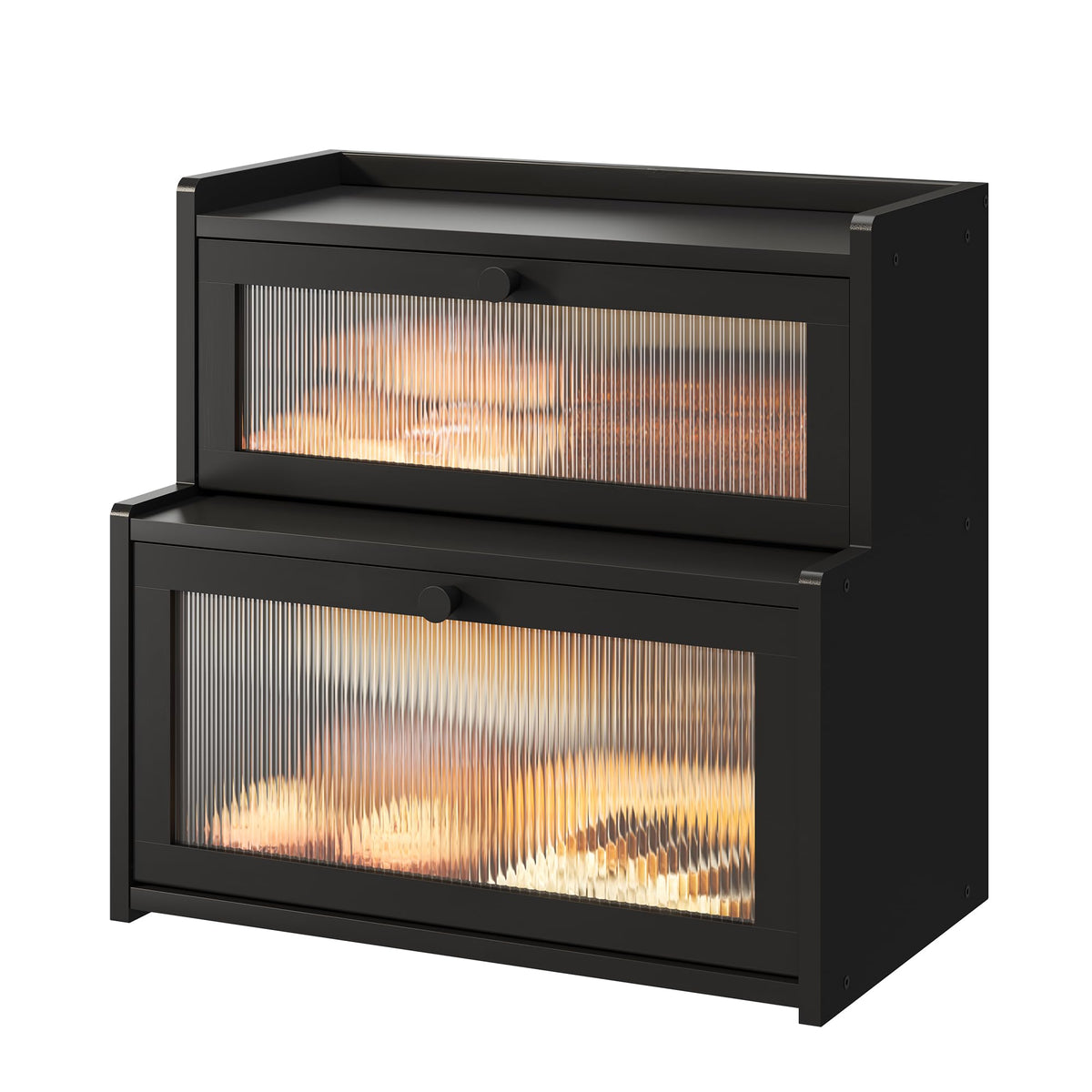 FILWH Caja de pan doble en esquina negra: vista lateral, ideal para encimera ordenada.