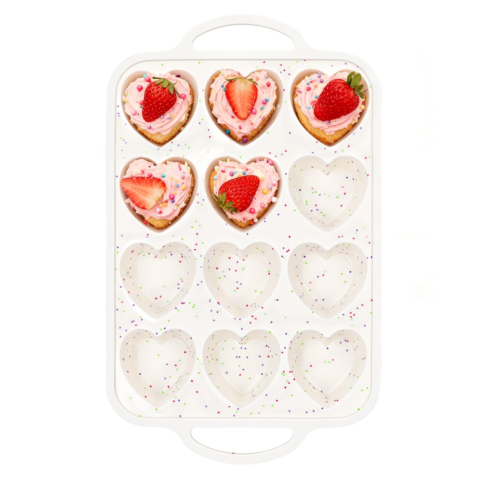 Fimary molde de corazón en silicona antiadherente facilita desmolado de cupcakes.