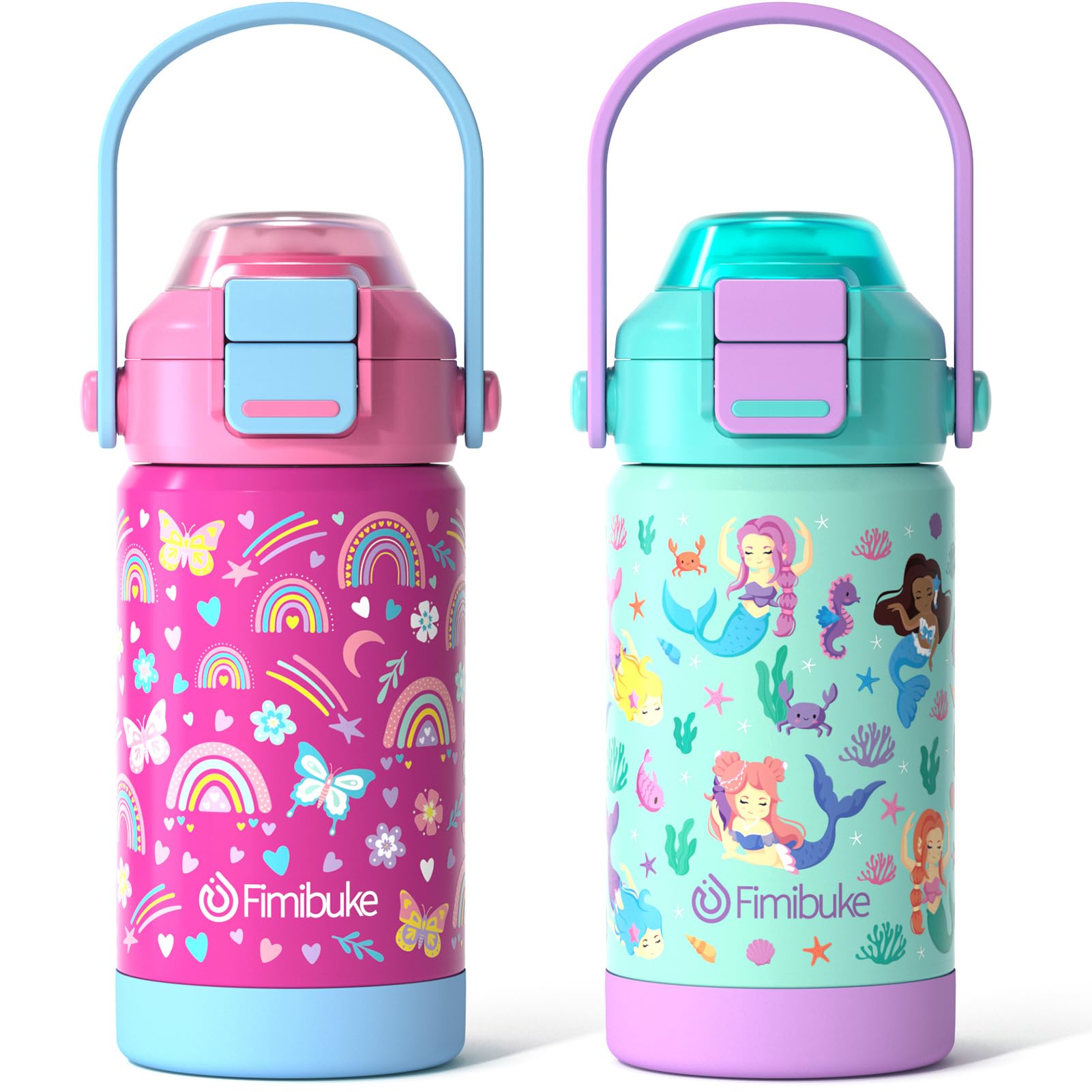 Botella Fimibuke con tapa 2-en-1, ideal para aprendizaje independiente y transporte seguro.