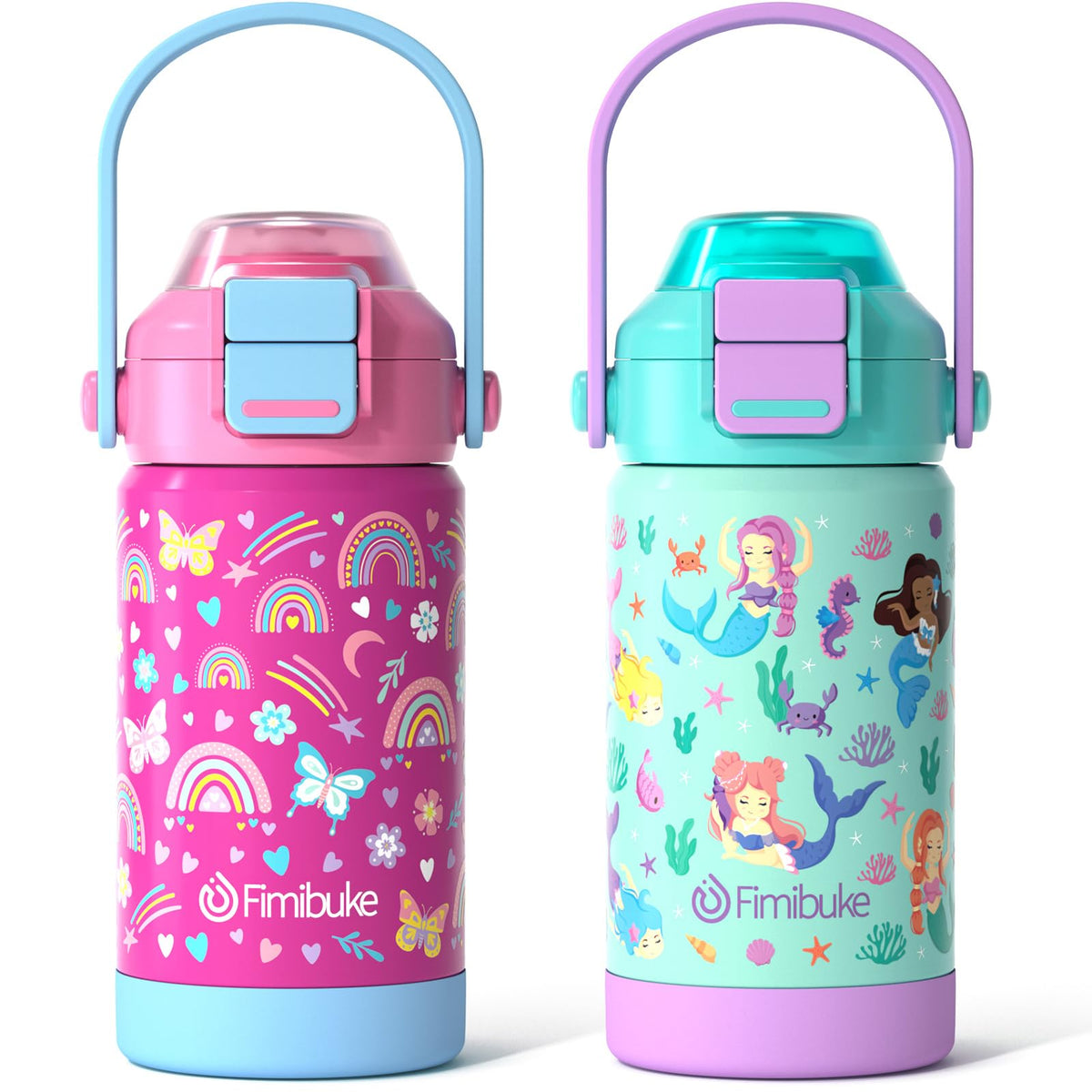 Botella Fimibuke con tapa 2-en-1, ideal para aprendizaje independiente y transporte seguro.
