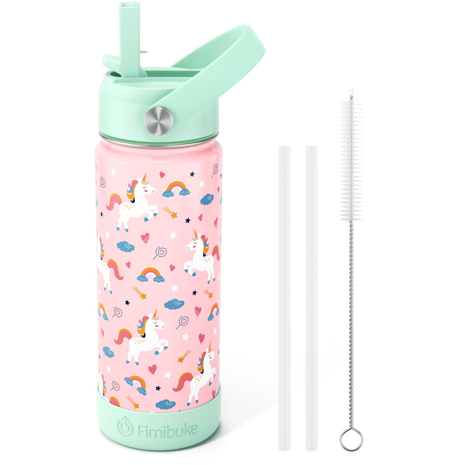 Botella infantil Fimibuke con unicornio, aislada, mantiene bebidas frías y sin derrames.