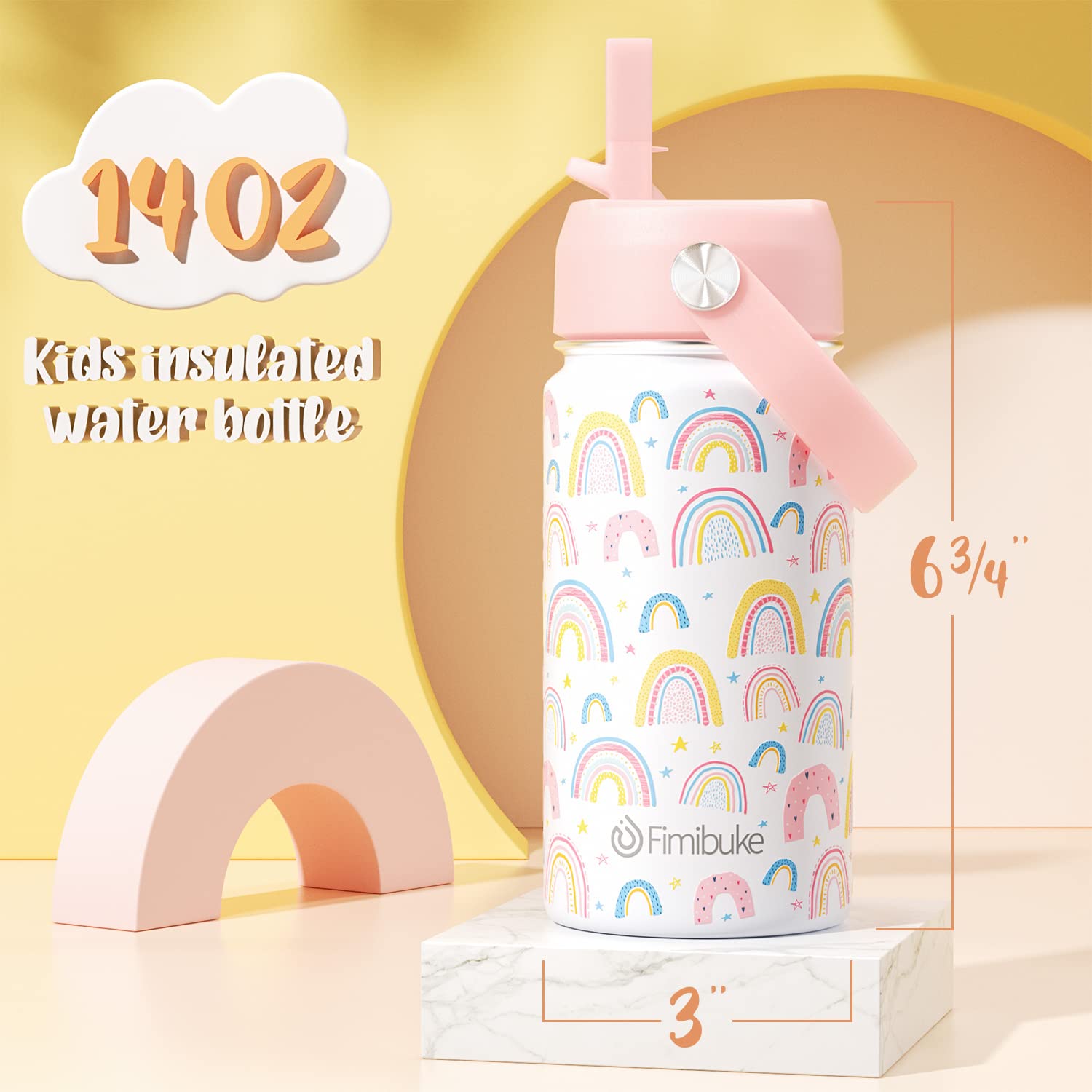 Fimibuke botella infantil, perfil arcoíris, tapa a prueba de fugas para mochilas.