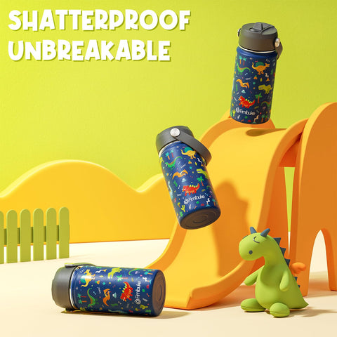 Fimibuke diseño azul dinosaurio atrae a niños para hidratarse.