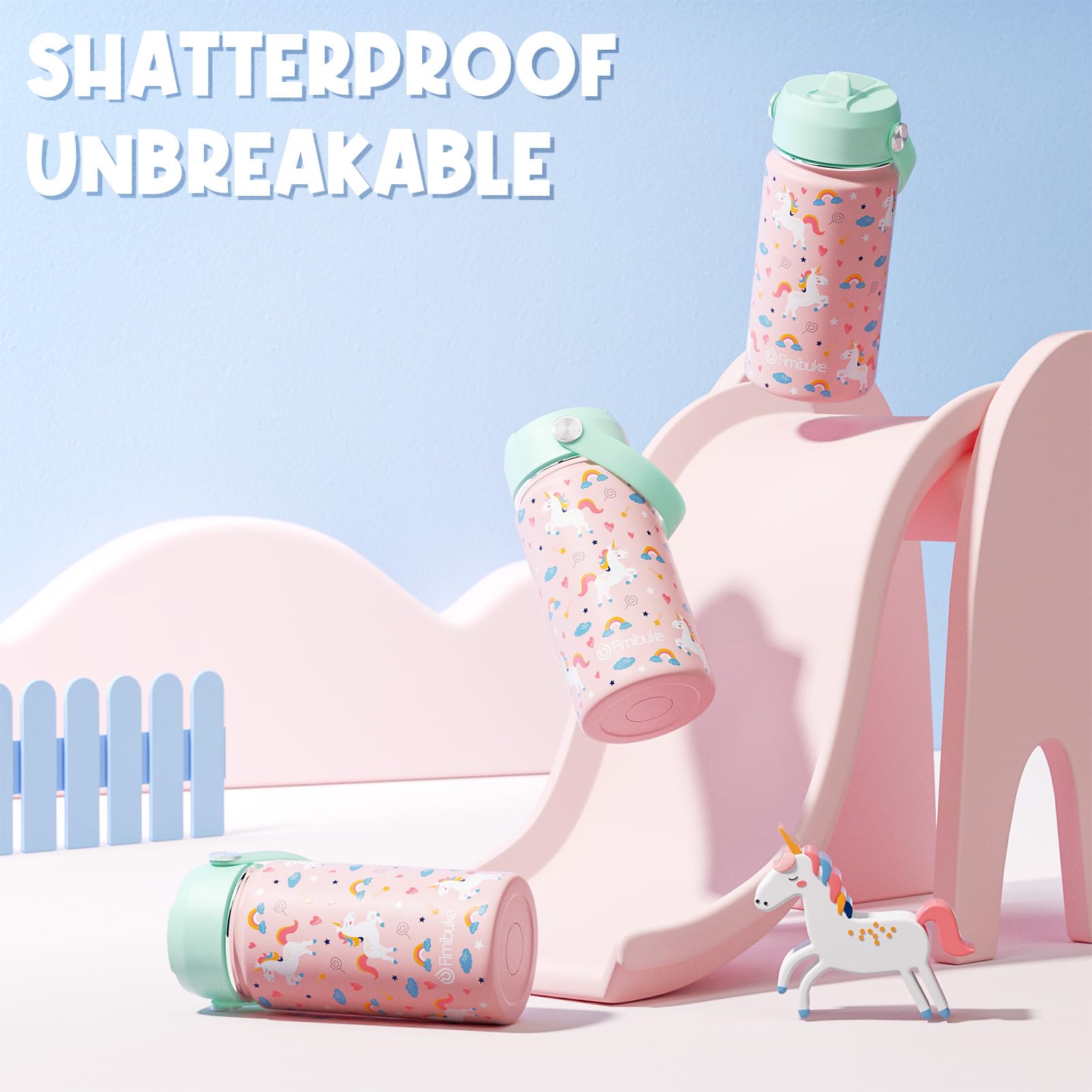 Diseño unicornio fimibuke en colores vivos para fomentar la hidratación.