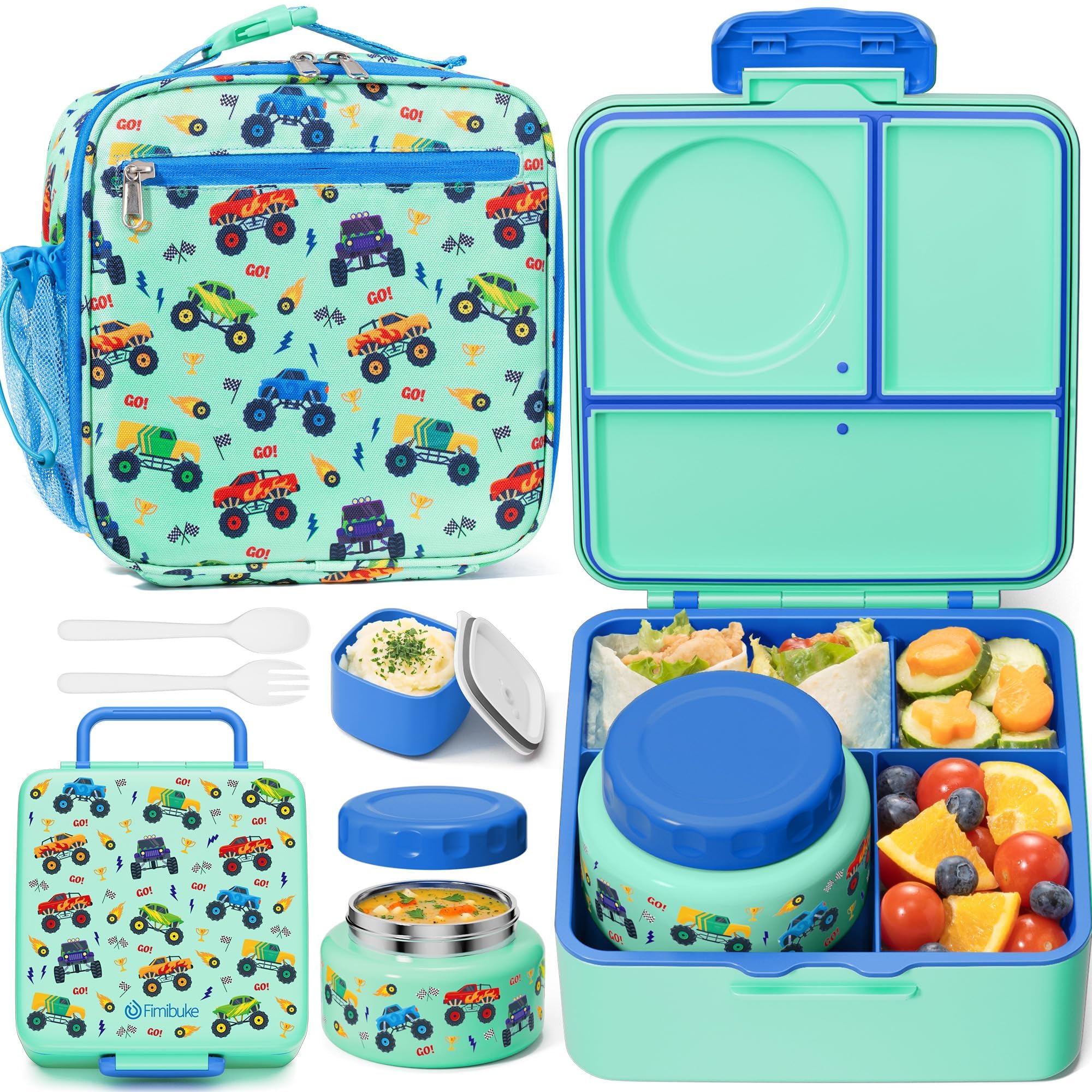 Fimibuke caja de almuerzo infantil con 3–4 compartimentos para comidas separadas.