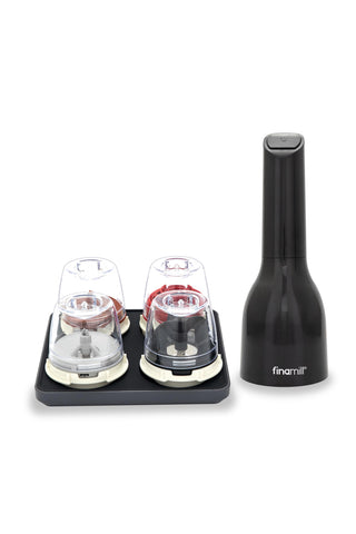 Set Finamill Ultimate con molinillo eléctrico y recipientes intercambiables para conservar sabores puros.