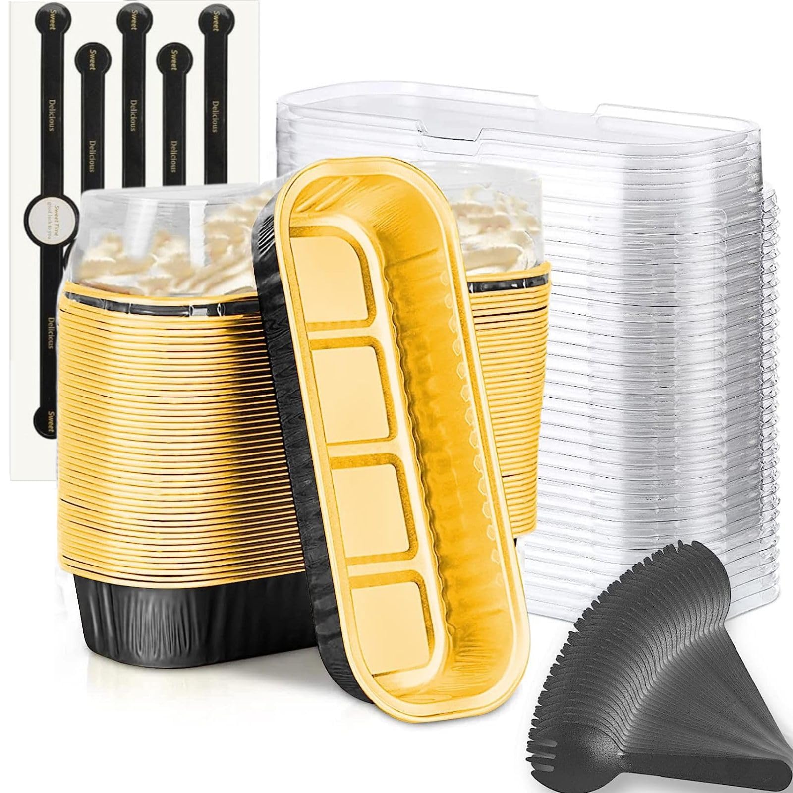 Findful mini moldes rectangulares con tapas y cucharas, ideal para porciones individuales y transporte.