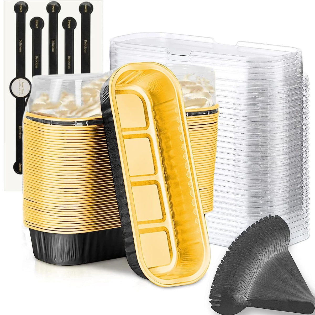 Findful mini moldes rectangulares con tapas y cucharas, ideal para porciones individuales y transporte.