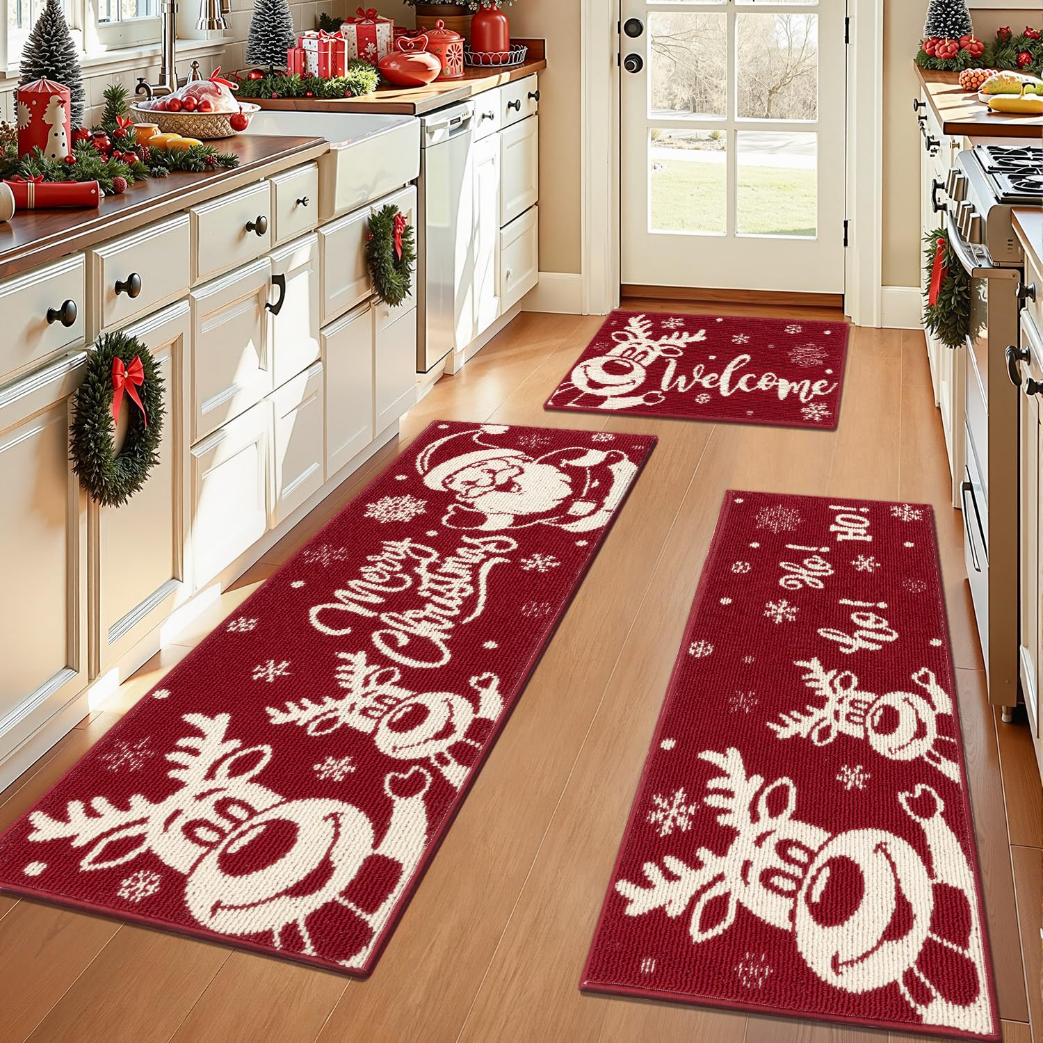 Tapetes Findosom para cocina con diseño de renos y Santa, ideal para entradas y cocinas.