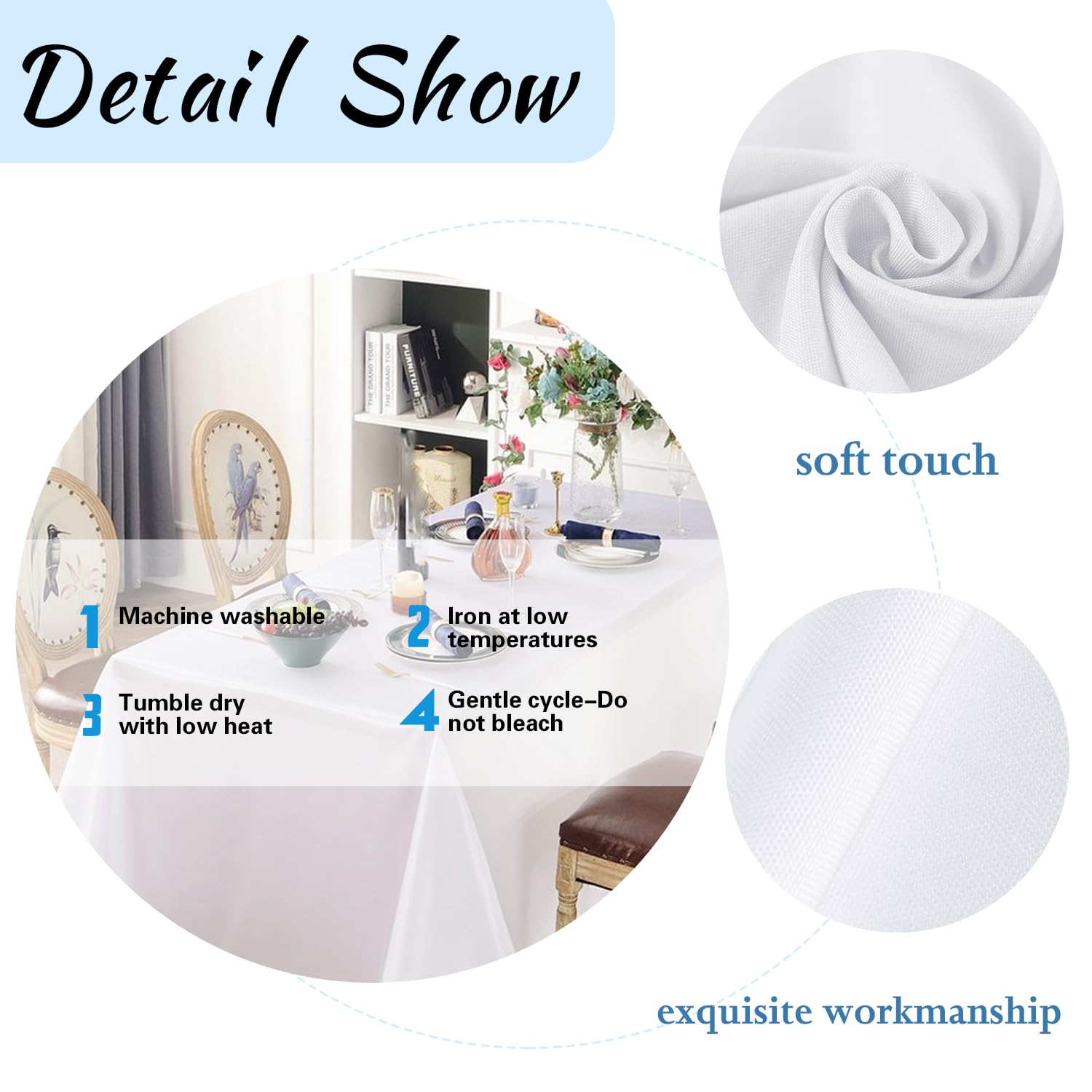 Mantel FINDYOU blanco sin arrugas tras lavado y planchado ligero.