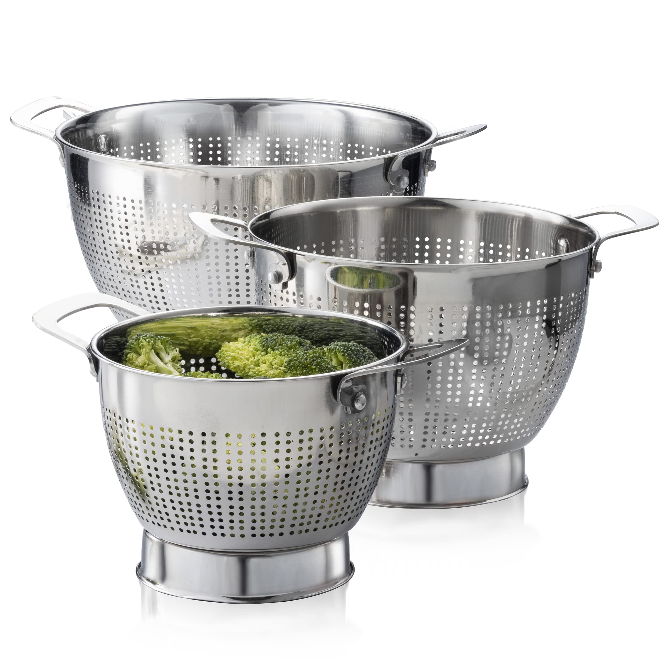 FineDine escurridor de acero inoxidable, juego de tres tamaños, ideal para pasta, arroz y frutas.