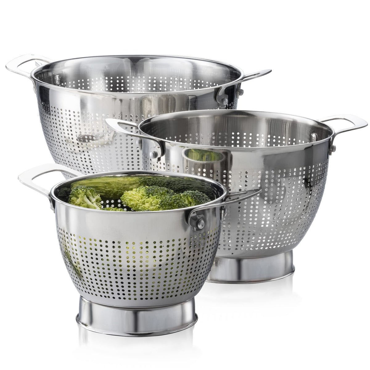 FineDine escurridor de acero inoxidable, juego de tres tamaños, ideal para pasta, arroz y frutas.