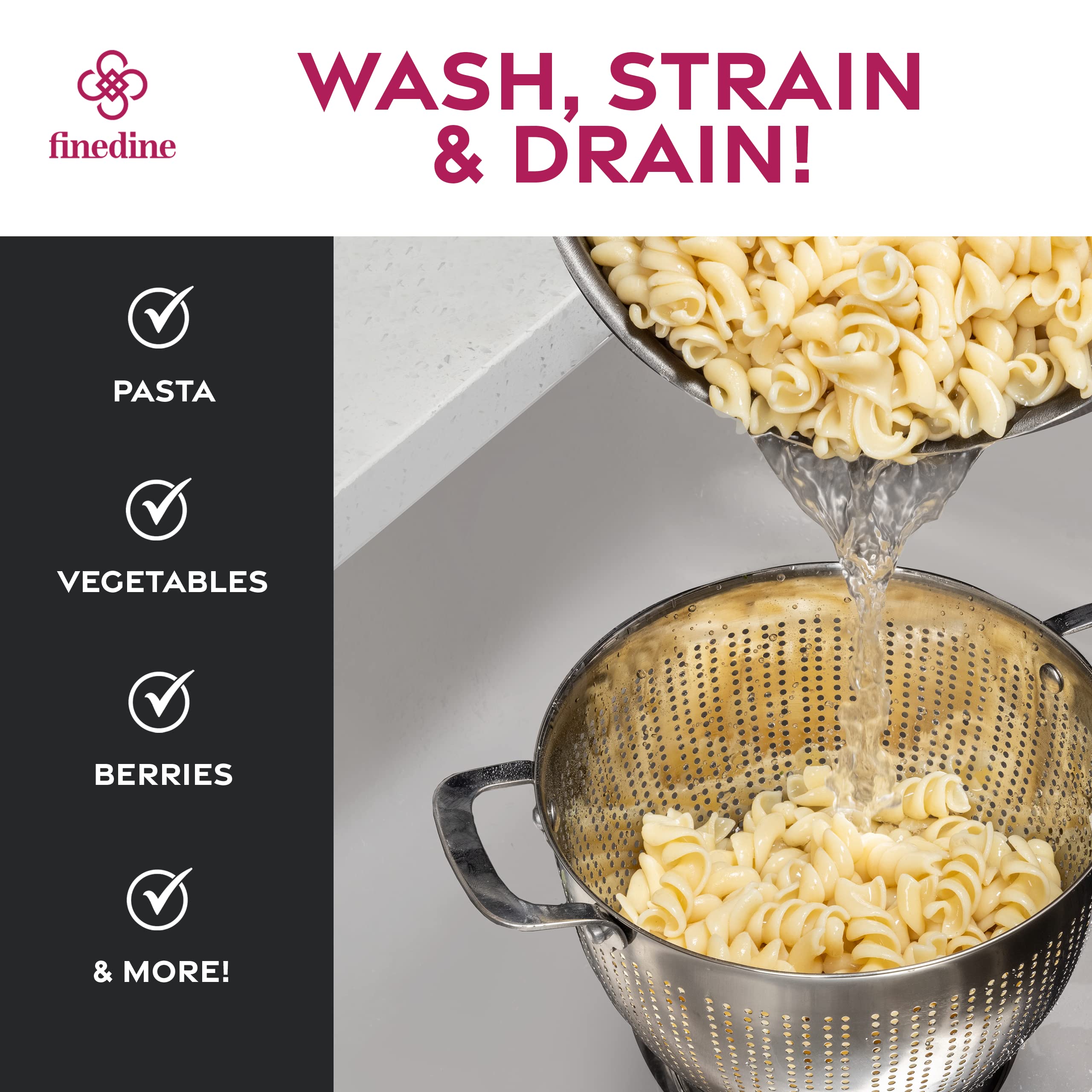 FineDine colador de 3 cuartos ideal para lavado y escurrido de arroz.