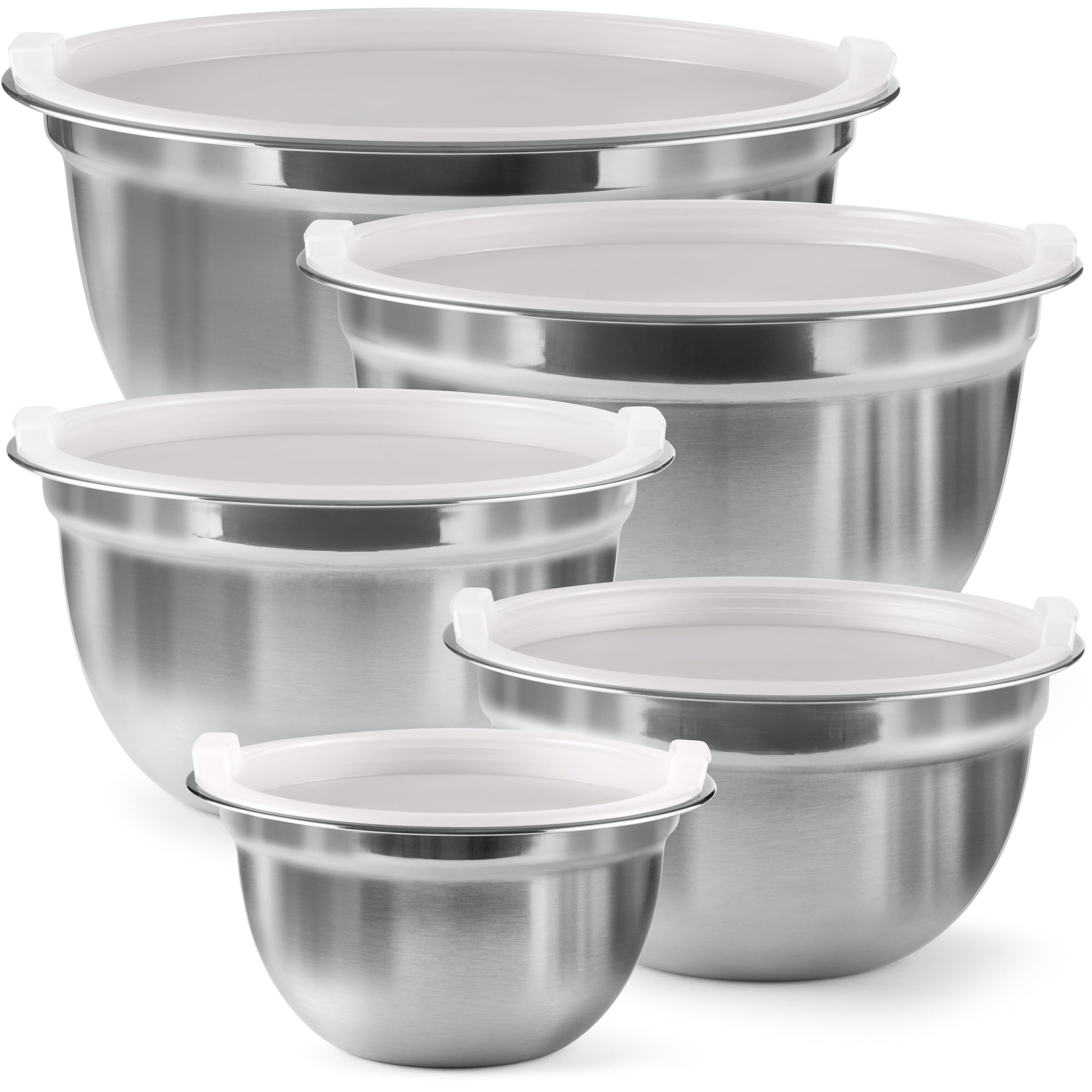 FineDine tazones para mezclar de acero inoxidable con tapas, juego de 5 para toda la cocina.
