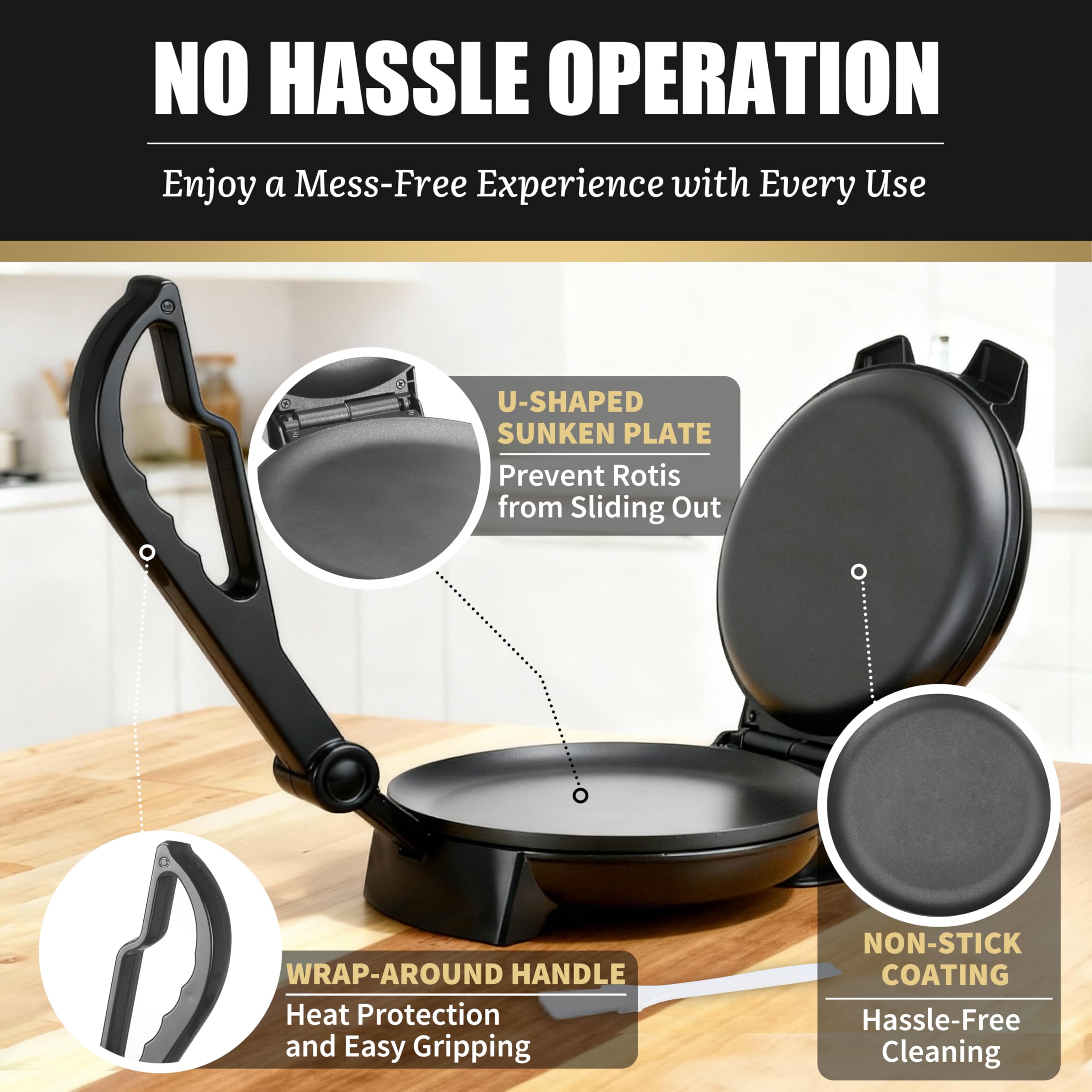 FineMade Compact Roti Maker: bandeja en forma U mantiene la roti en su lugar.