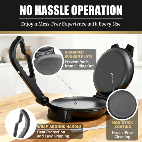 FineMade Compact Roti Maker: bandeja en forma U mantiene la roti en su lugar.