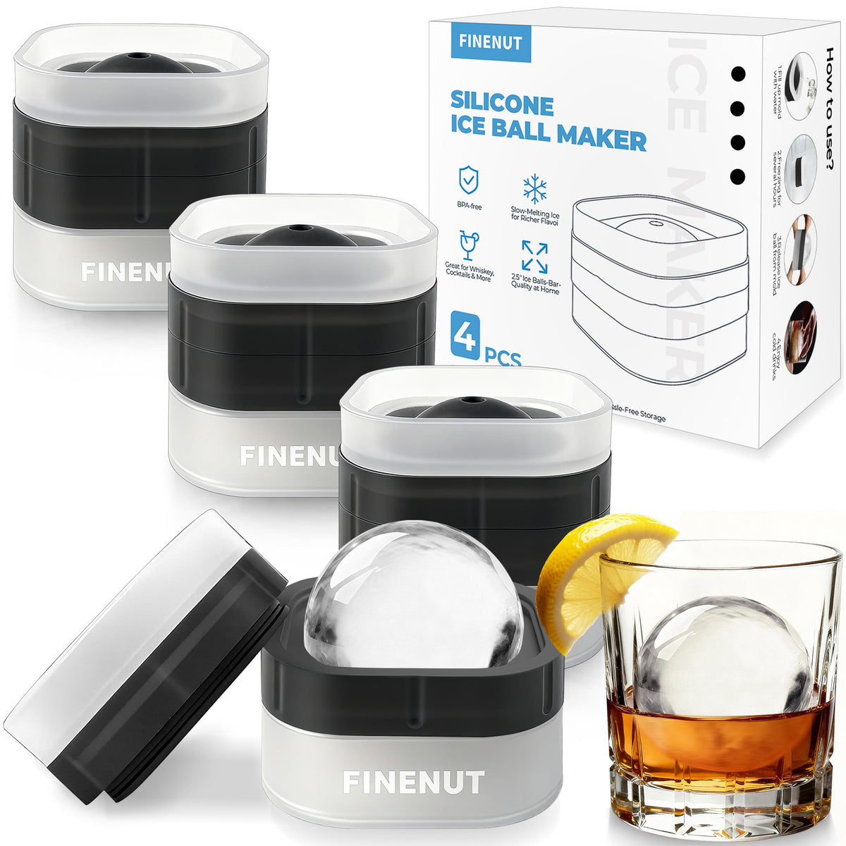 FINENUT molde-bola-hielo-2-5-pulgadas para whisky con desmolde fácil.