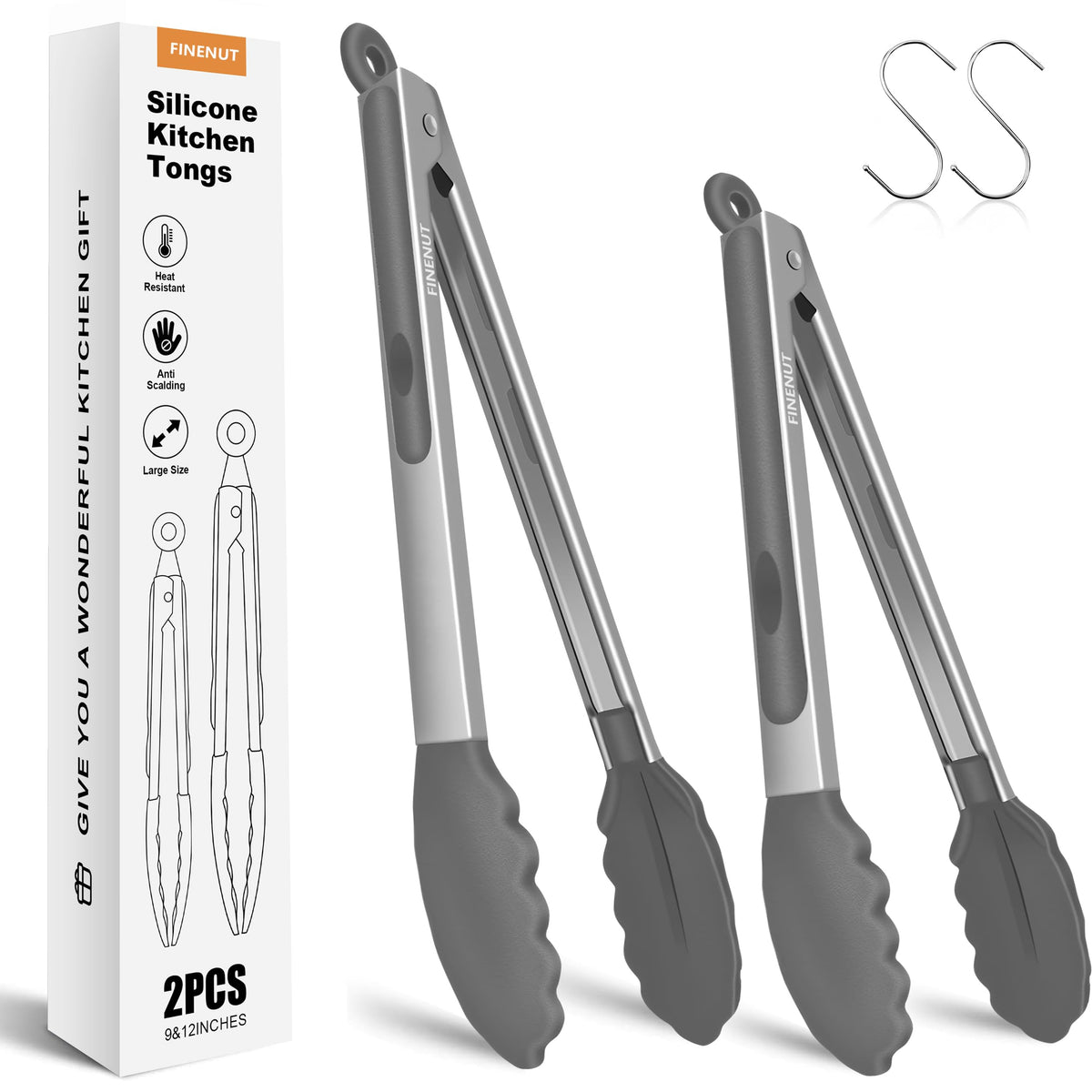 FINENUT tenazas de 9 pulgadas con mango ergonómico, ideales para ensaladas y frituras.