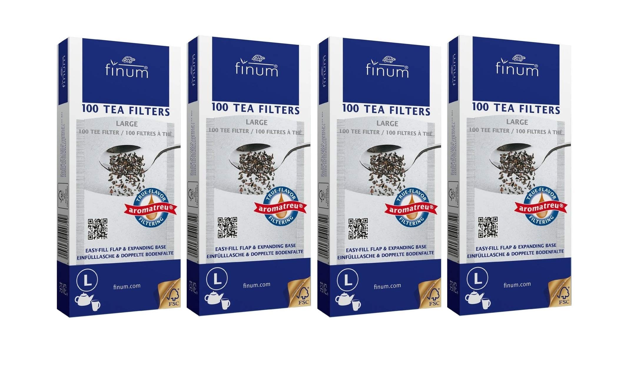 Filtros de té Finum grandes desechables en caja, listos para usar con hojas sueltas.
