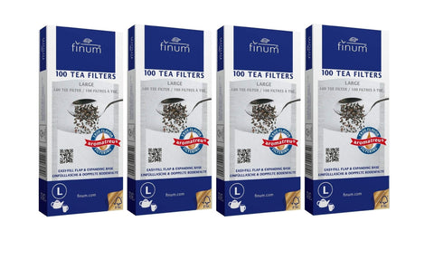 Filtros de té Finum grandes desechables en caja, listos para usar con hojas sueltas.