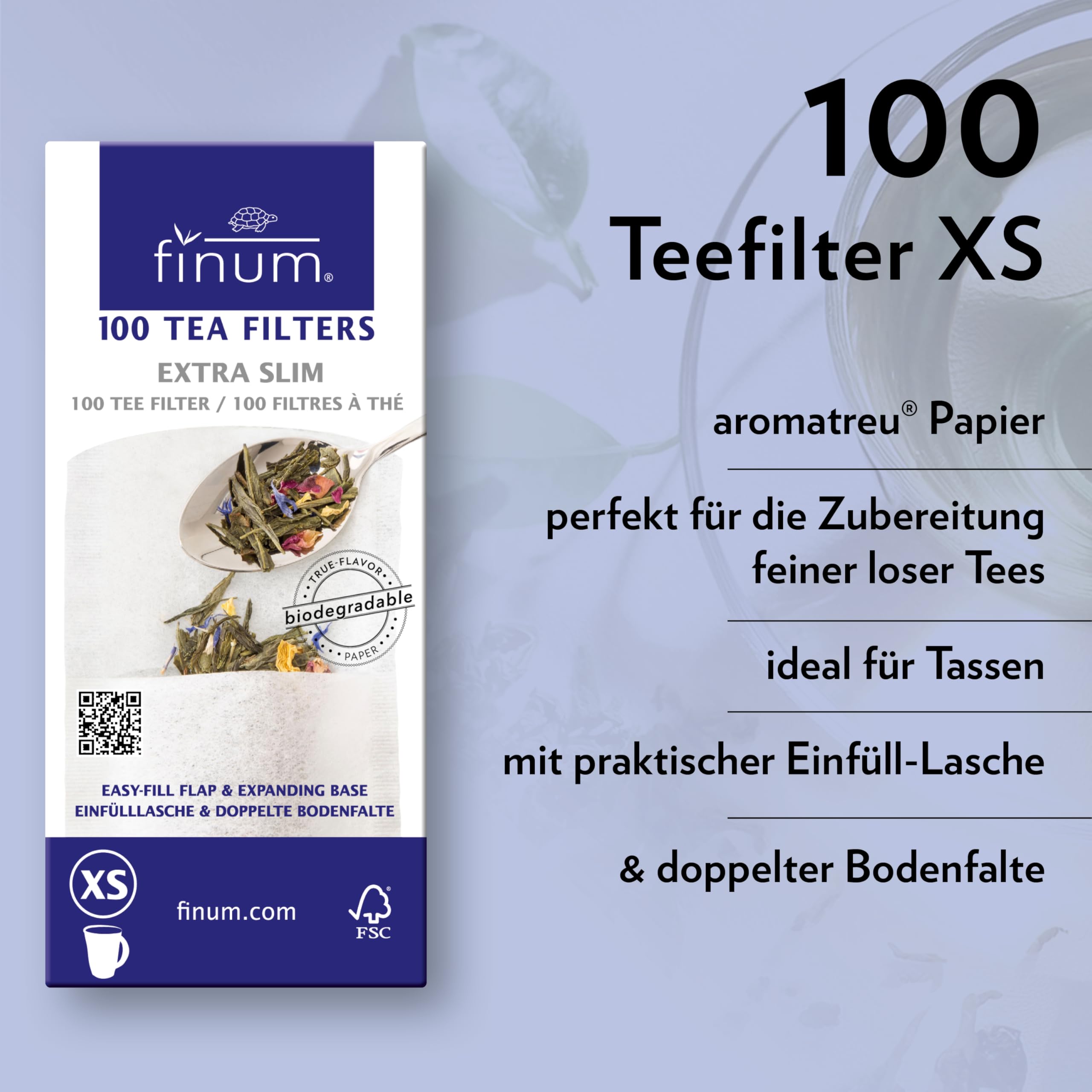 Finum filtro de té con solapa de llenado para cierre seguro.