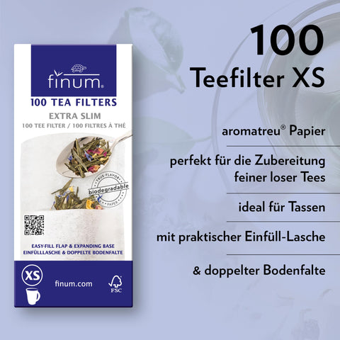 Finum filtro de té con solapa de llenado para cierre seguro.